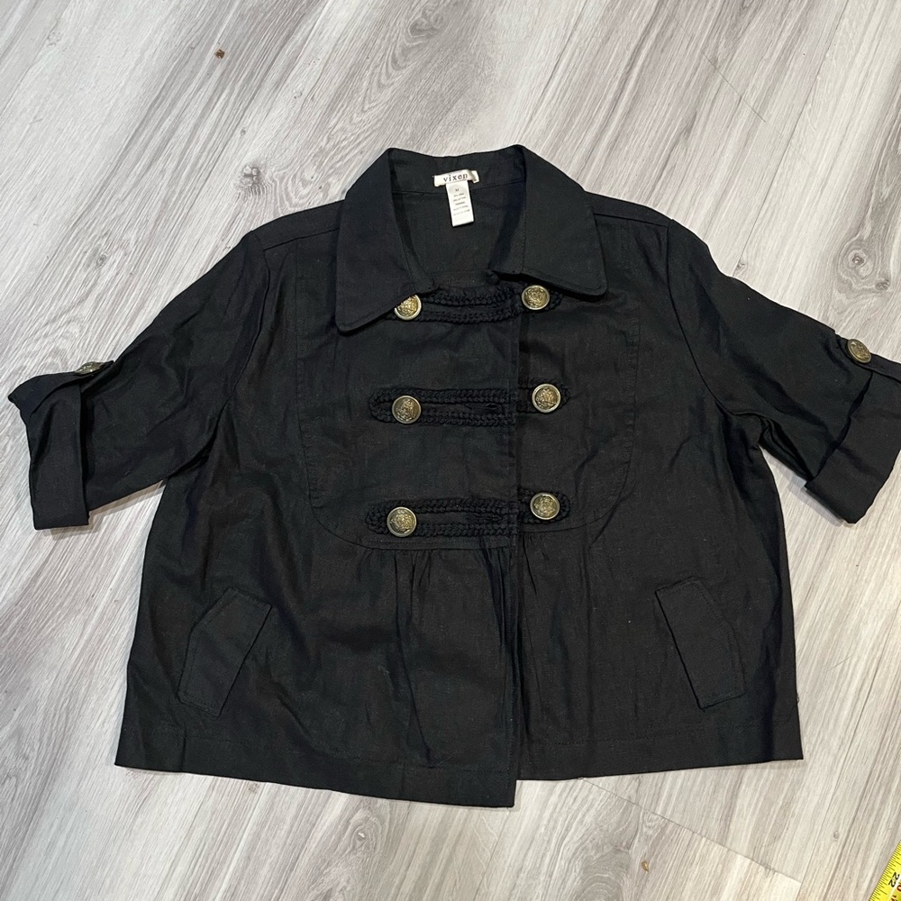 Vixen. 55%linen‎  Chic Black Double-Breasted Trench Coat